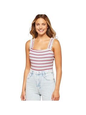 Heatherly Raina Striped Tank Bodysuit Petite XL | Ruffle Strap Square Neck